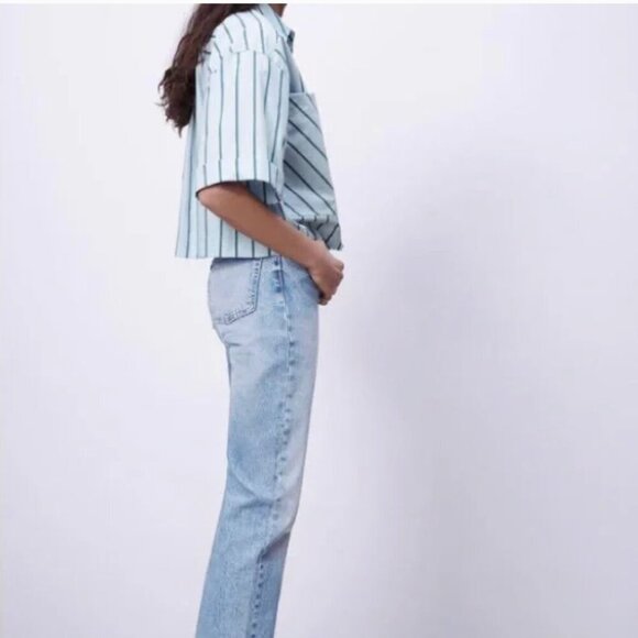 ZARA Light Blue Short-Sleeve Striped Cropped Shirt -(Size Small) NWOT - Picture 5 of 8